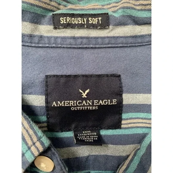 American Eagle Seriously‎ Soft Shirt Mens 3XL Blue Striped Long Sleeve Button Up - Picture 2 of 6